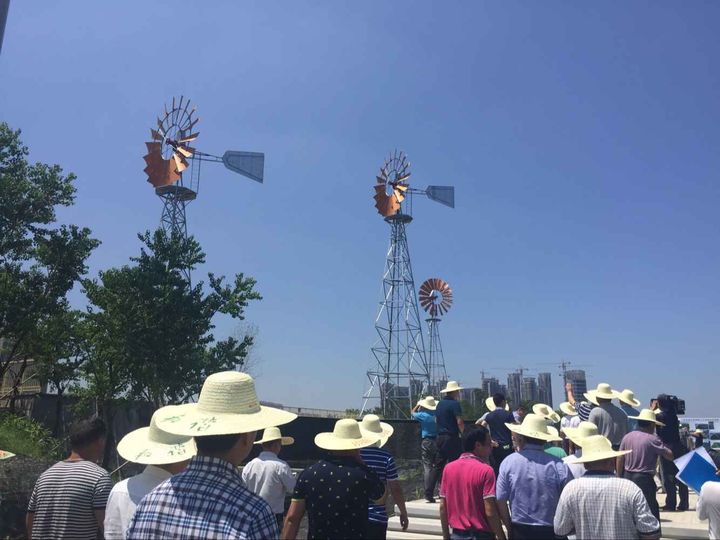 三台提水风车将义乌江内的水送至公园内河