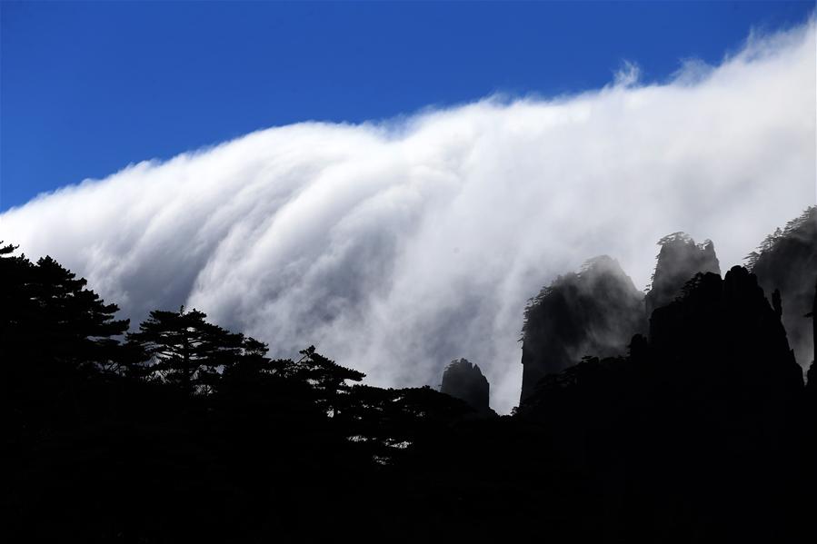 黄山现“瀑布流云”奇观