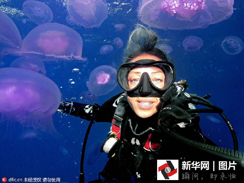 女子潜水被数百水母包围