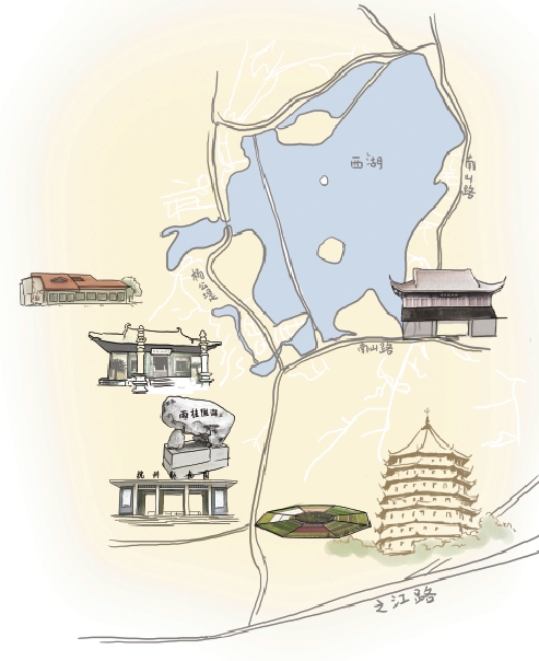 杭州西湖游览图手绘图片