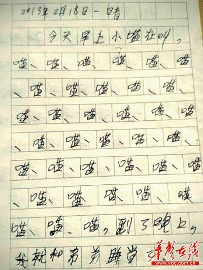 小學生百字作文出現69個喵字老師哭笑不得