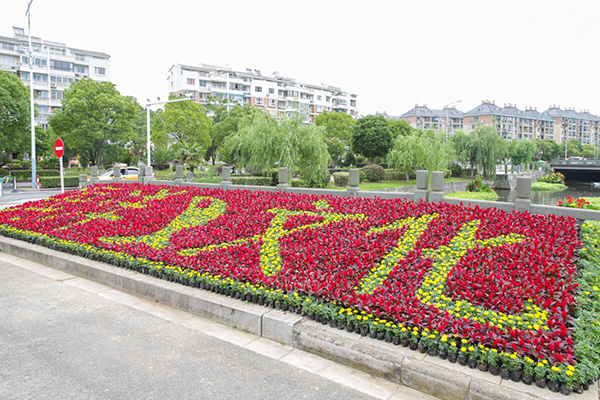 6月7日上午,县园林部门工作人员对新区主干道精心装点,用鲜花摆放成