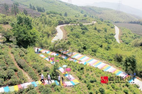 昨天,莫干山鎮四合村西湖頂,一條彩色路宛如彩虹纏繞在群山間,吸引